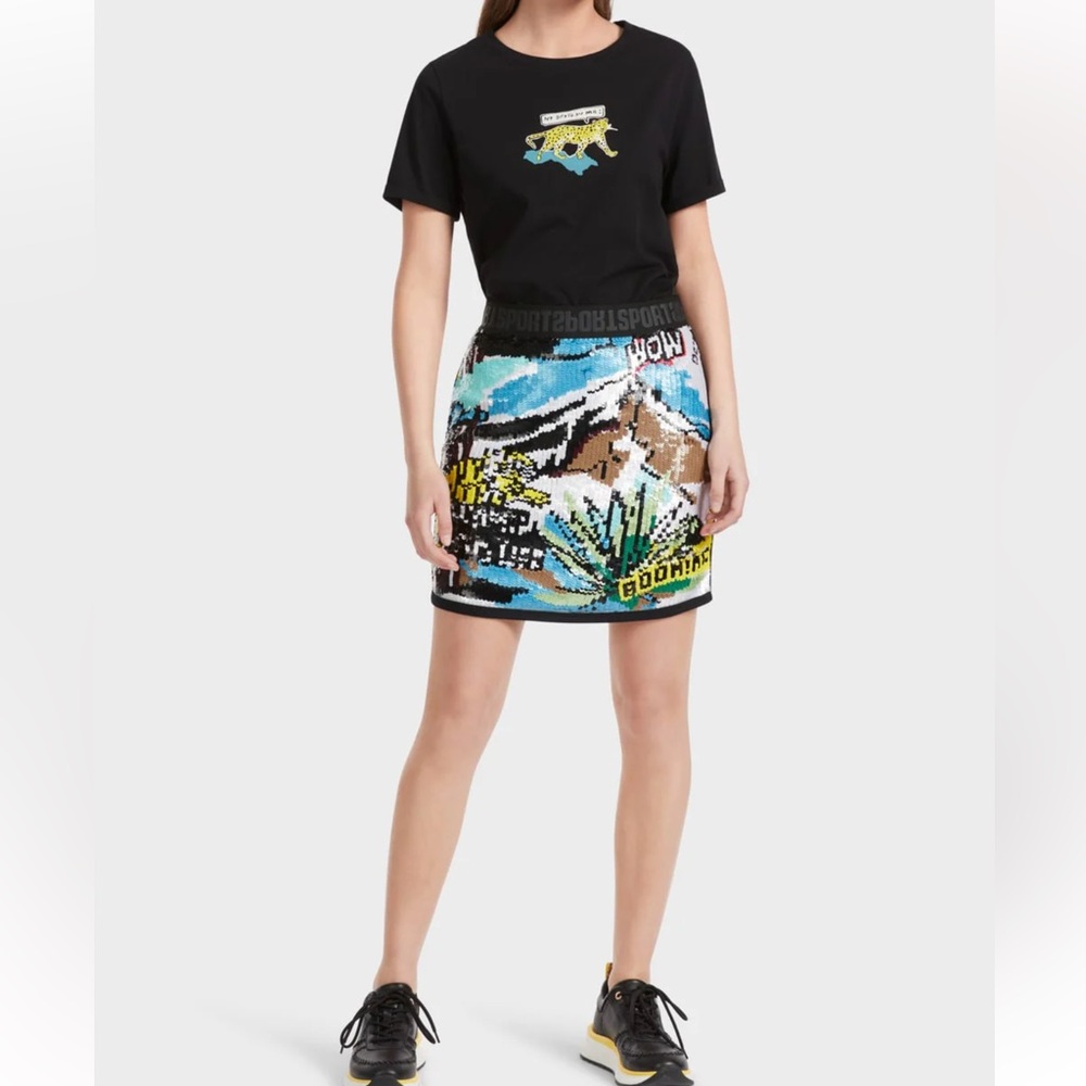 Marc Cain Sporty Sequin Skirt with Graphic Print. Stretch waist, W16in L19.5in.